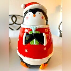 NEW Holiday Time Christmas Penguin Ceramic Cookie Jar Hand Painted In Box